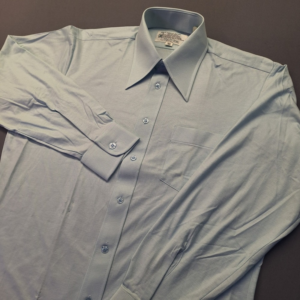 Vintage Kmart Knit Dress Shirt Blue Long Sleeve Pointed Collar 15.5 34 Medium